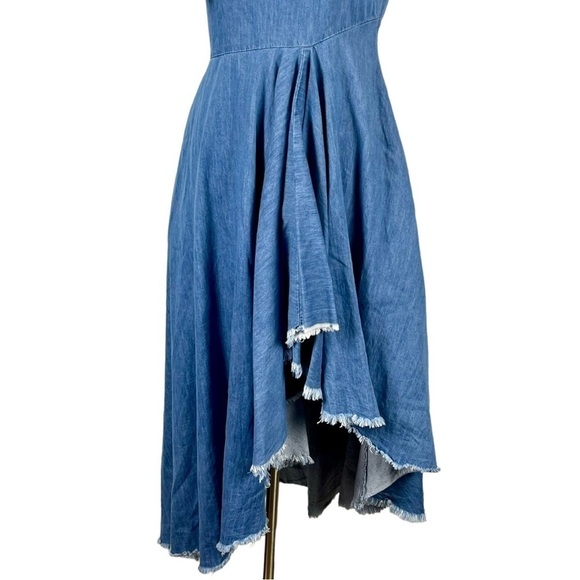 TOV HOLY DENIM ONE SHOULDER RAW HEM RUFFLE HIGH LOW MIDI DRESS - Picture 13 of 16
